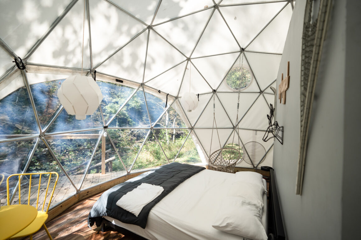 Bohemian interior of Glamping Unplugged Geodesic Dome