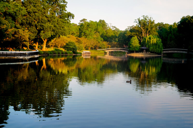 The lake at Pullen Park in downtown Raleigh North Carolina in the early morning sunshine